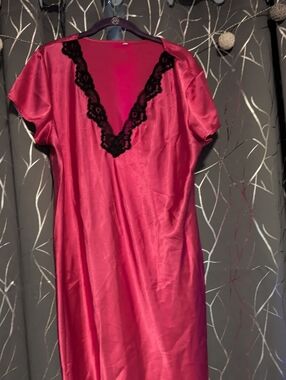 Women’s Satin Nightgown with Black Lace Trim - Fuchsia XXL